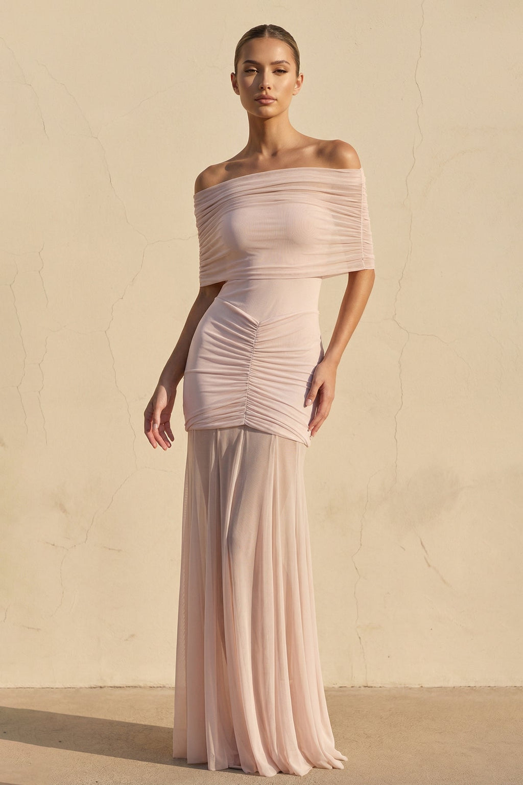 Off The Shoulder Ruched Maxi Dress in Blush