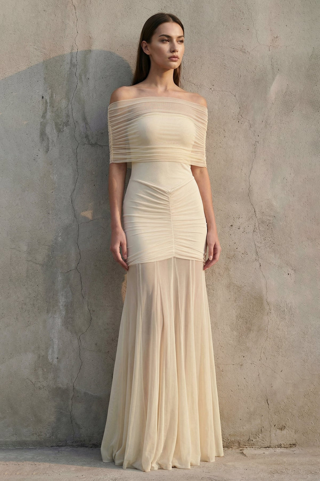 Off The Shoulder Ruched Maxi Dress in Champagne