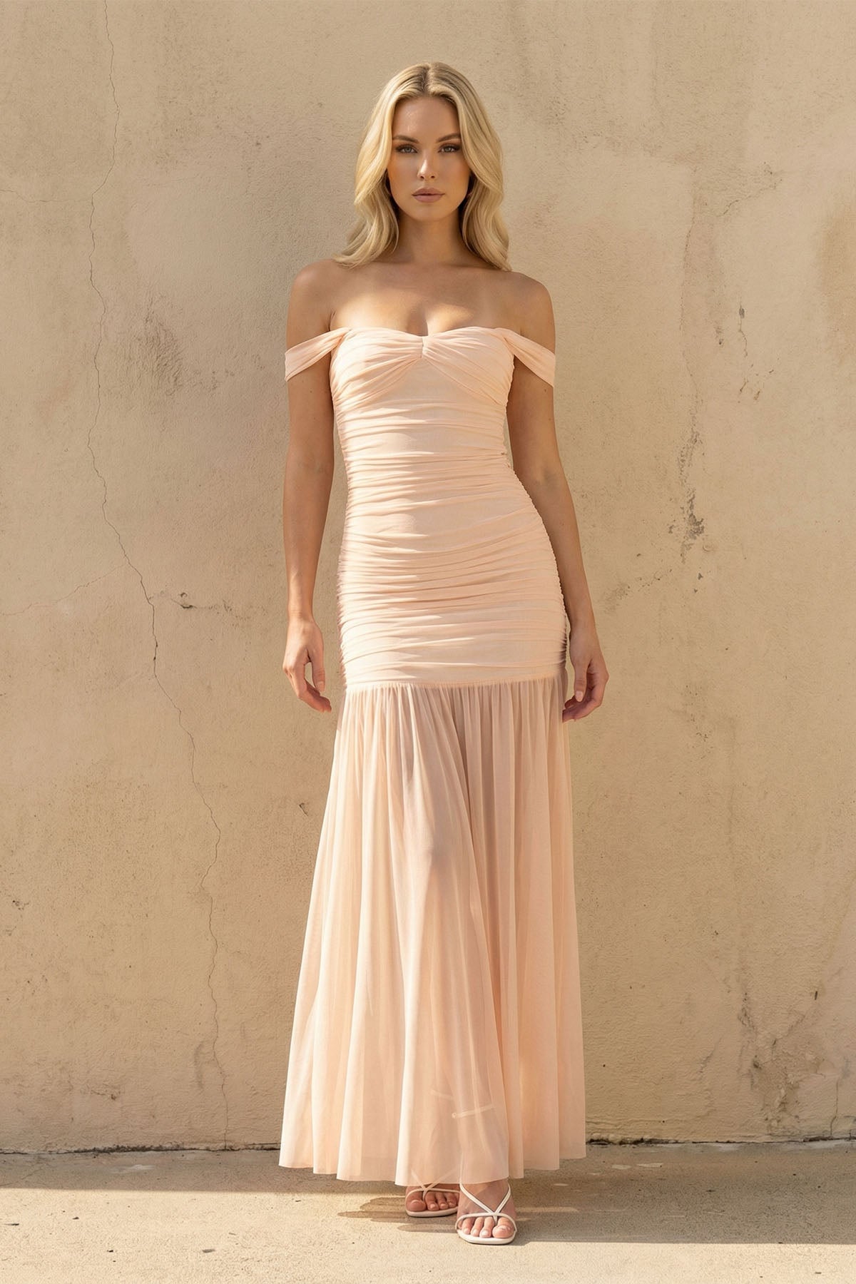 Off The Shoulder Ruched Maxi Dress in Peach