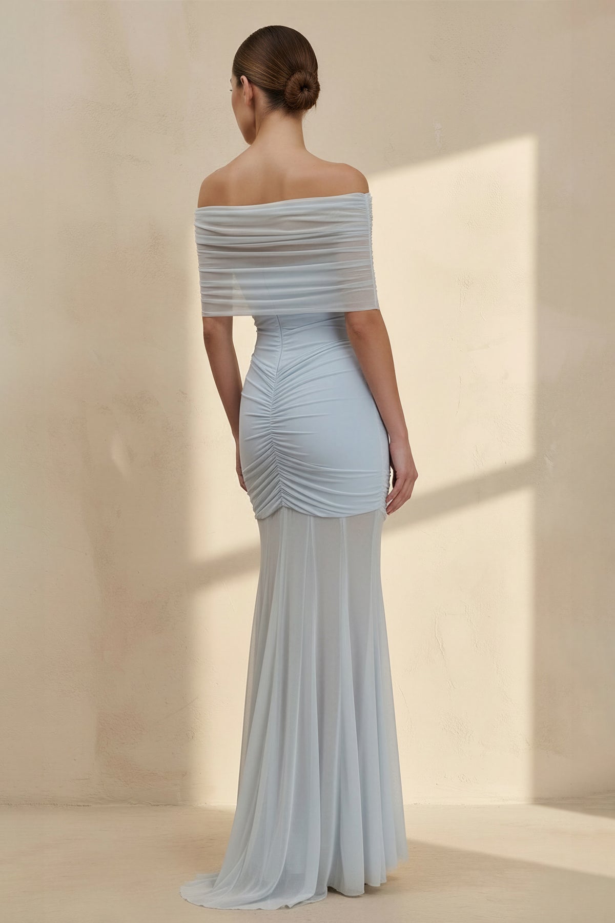 Off The Shoulder Ruched Maxi Dress in Sky Blue