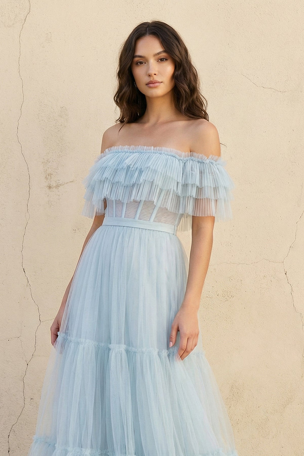 Off The Shoulder Ruffled Gown in Sky Blue