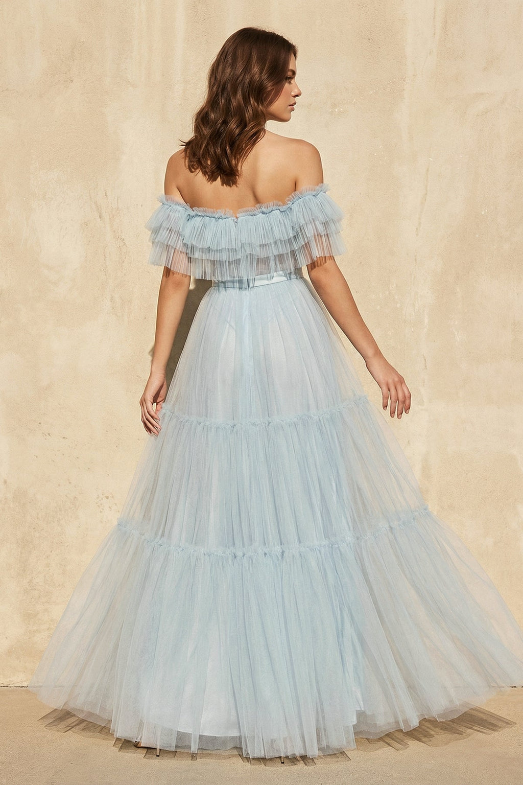Off The Shoulder Ruffled Gown in Sky Blue