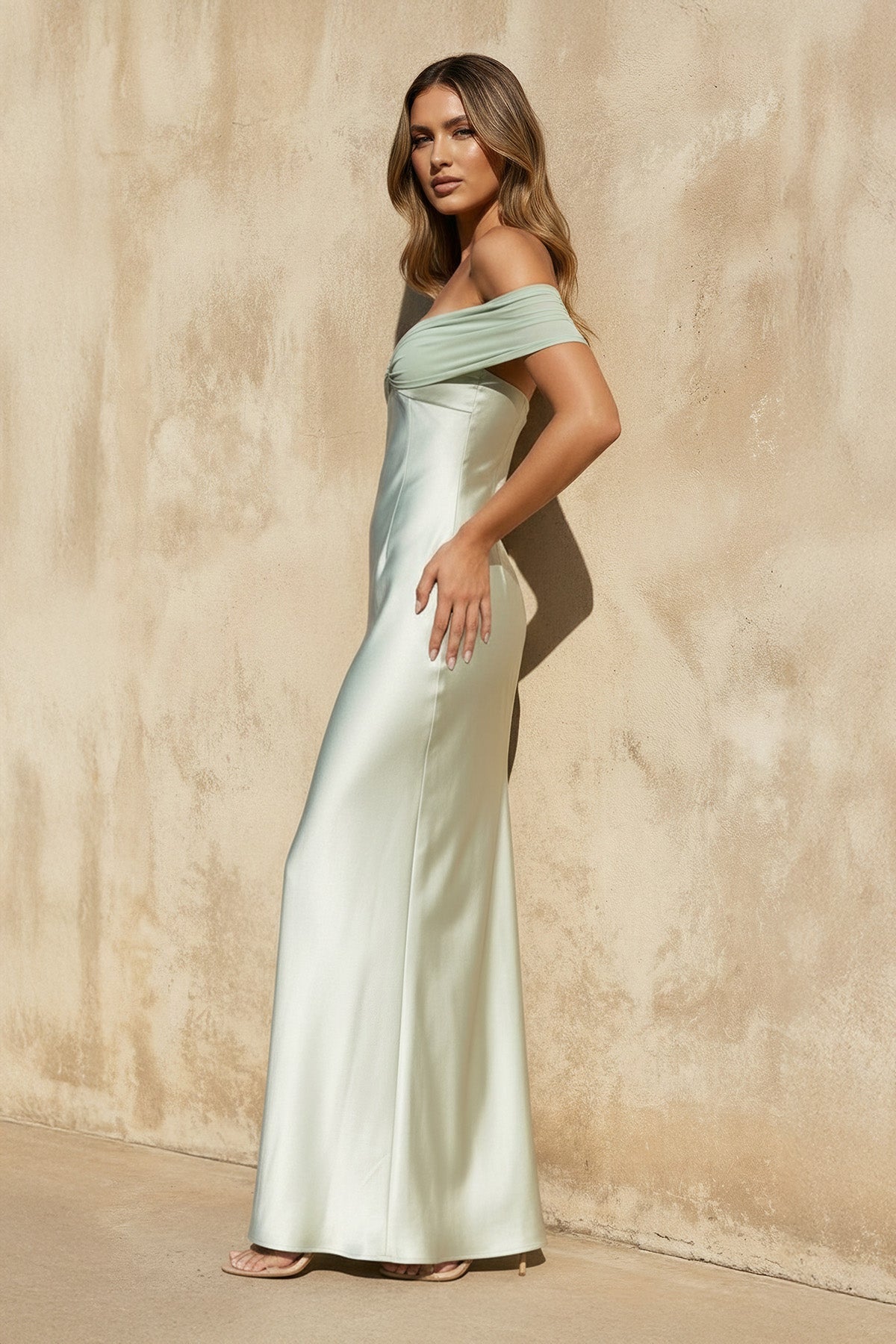 Off The Shoulder Sheath Maxi Dress in Mint Green