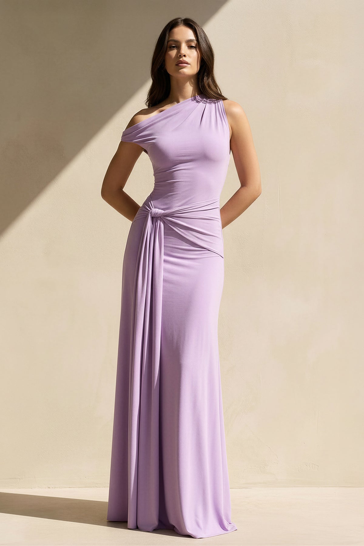 One Shoulder Draped Maxi Dress in Lavender
