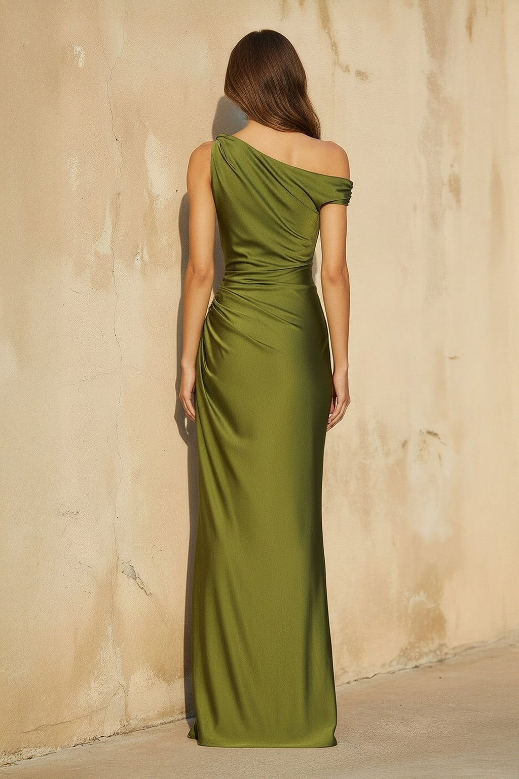 One Shoulder Maxi Dress With Slit in Olive