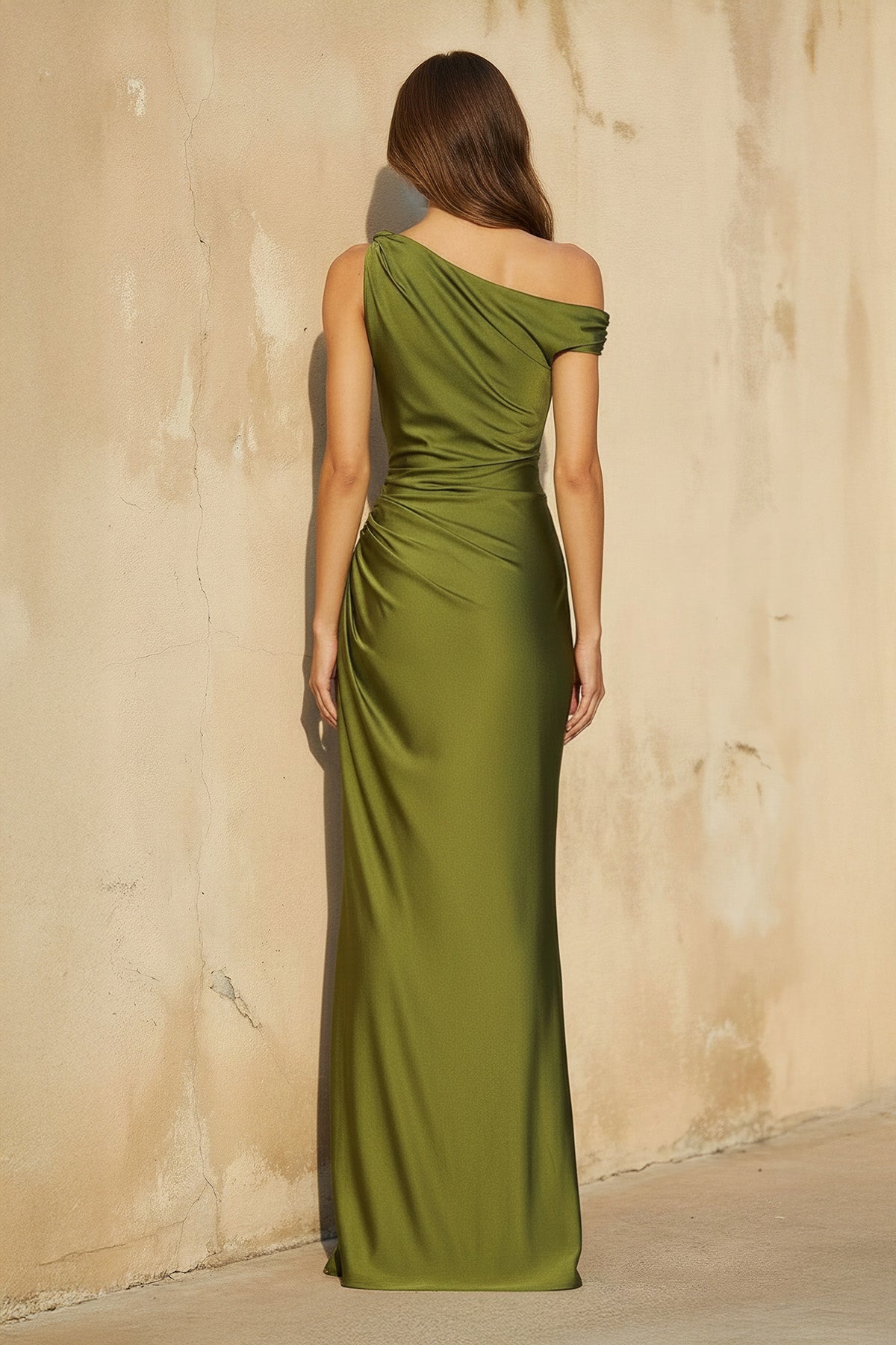 One Shoulder Maxi Dress With Slit in Olive
