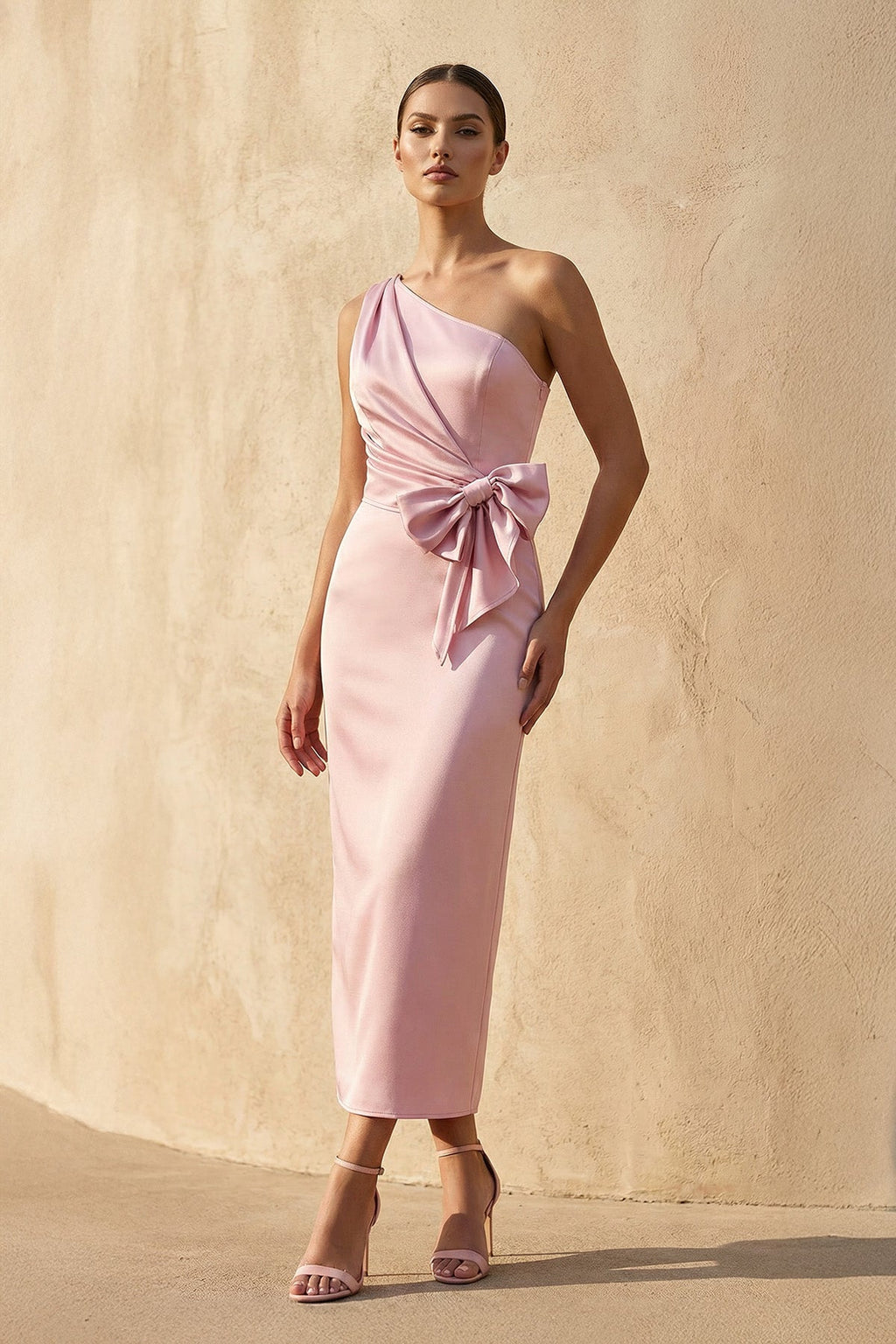 One Shoulder Midi Dress With Bow in Pink