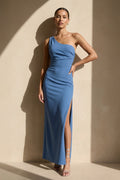 One Shoulder Midi Dress with Slit in Steel Blue
