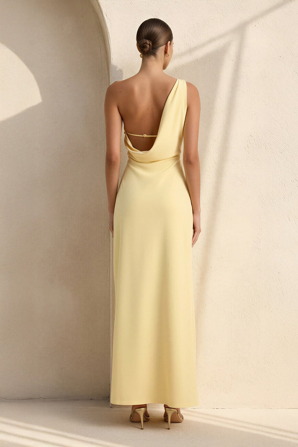 One Shoulder Midi Dress with Slit in Yellow