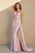 One Shoulder Pleated Prom Dress With Side Train in Pink