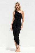 One Shoulder Ruched Sheath Midi Dress in Black