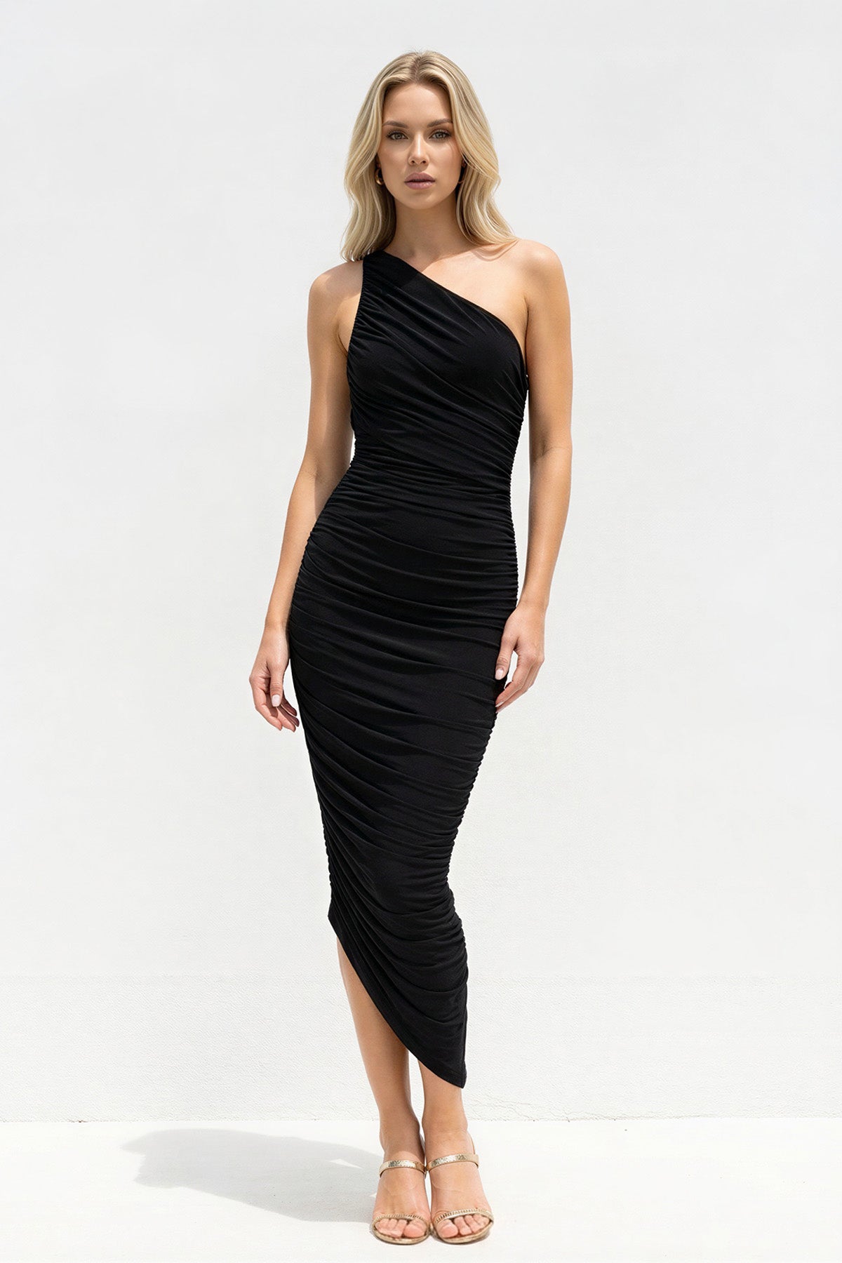 One Shoulder Ruched Sheath Midi Dress in Black