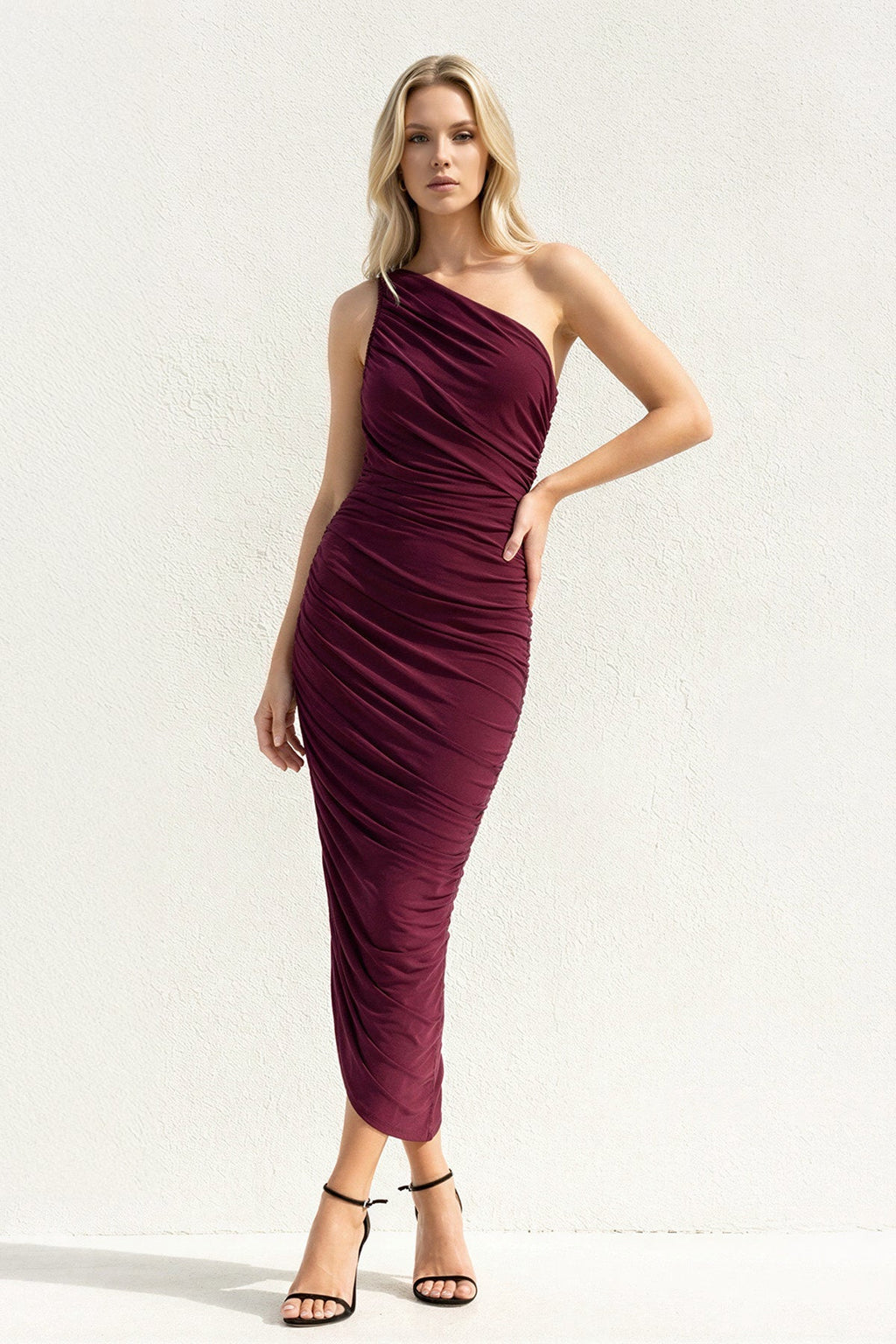 One Shoulder Ruched Sheath Midi Dress in Burgundy