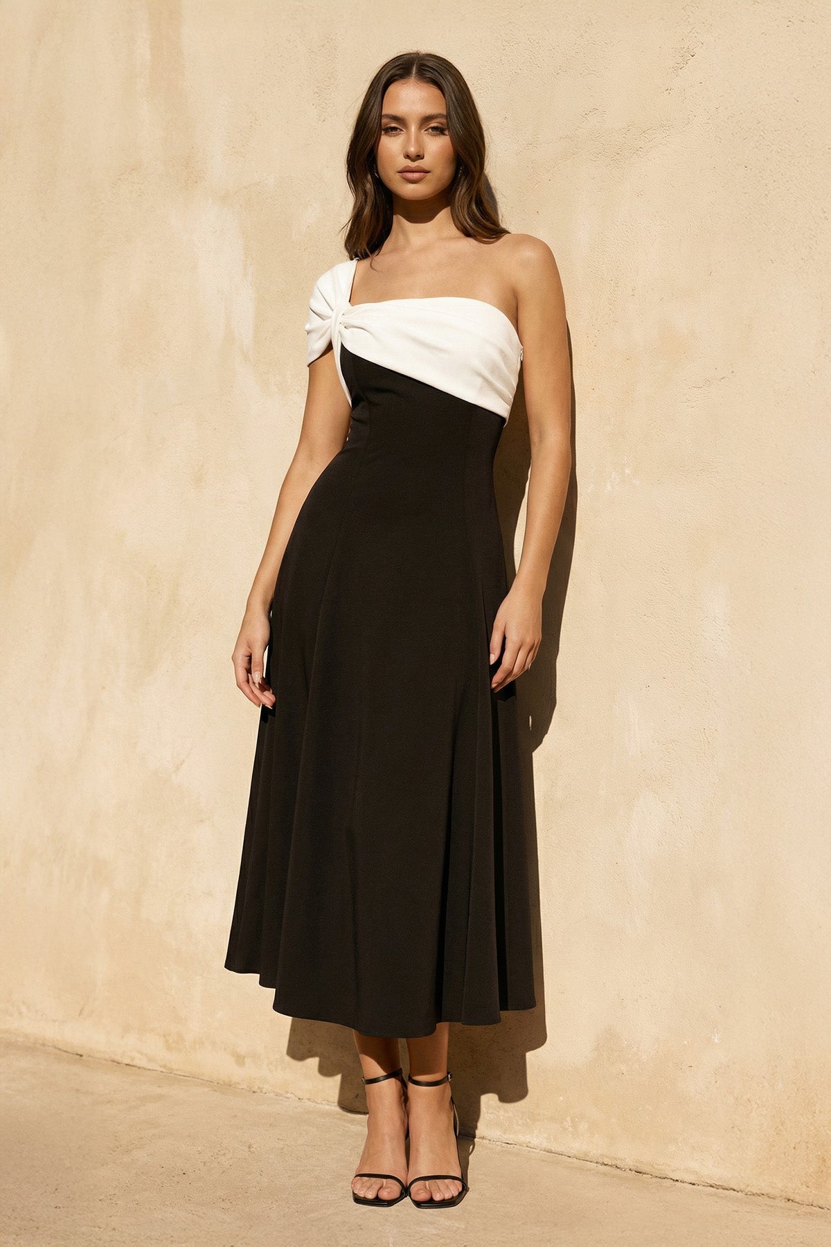 One Shoulder Twist Midi Dress in Black and White