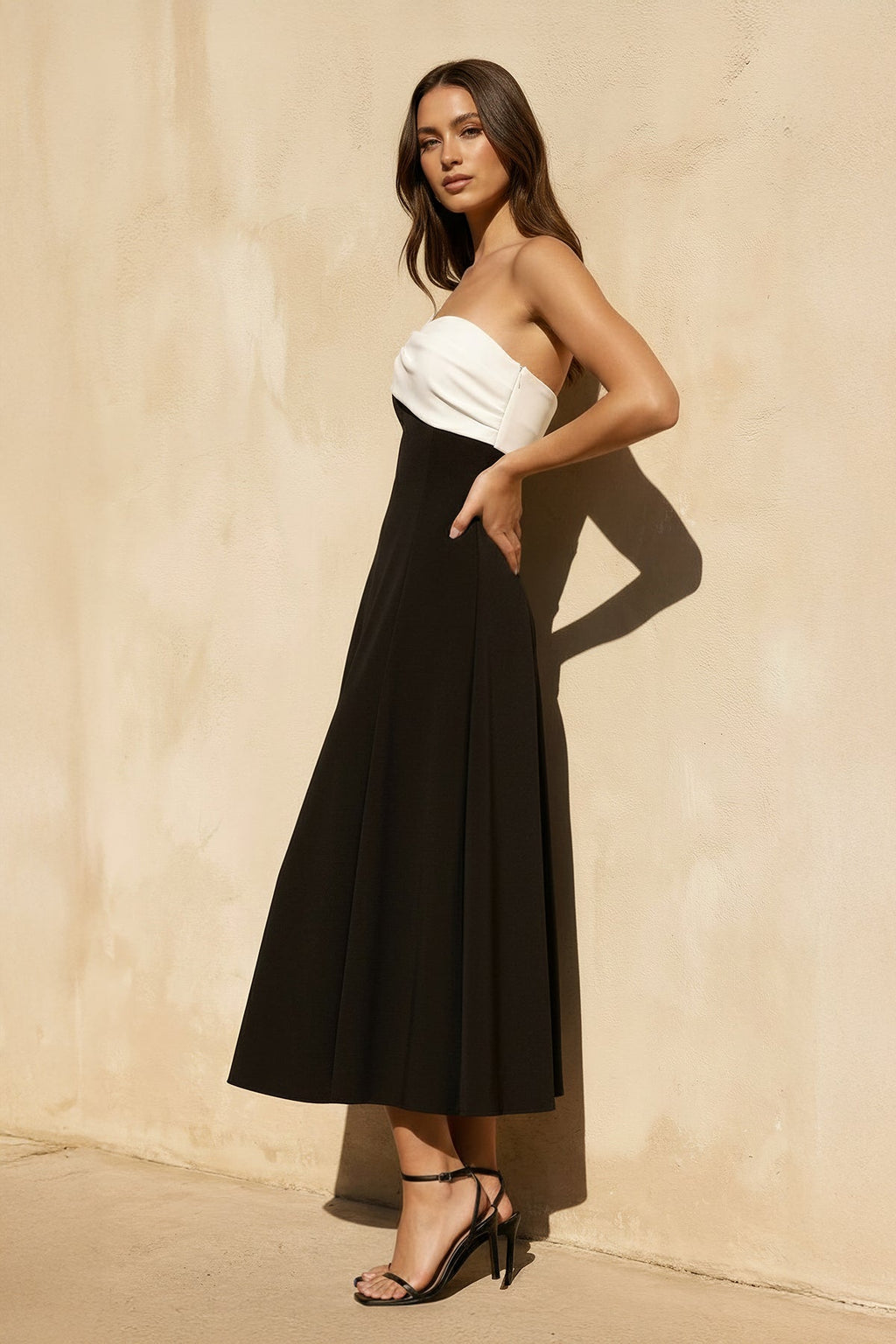 One Shoulder Twist Midi Dress in Black and White
