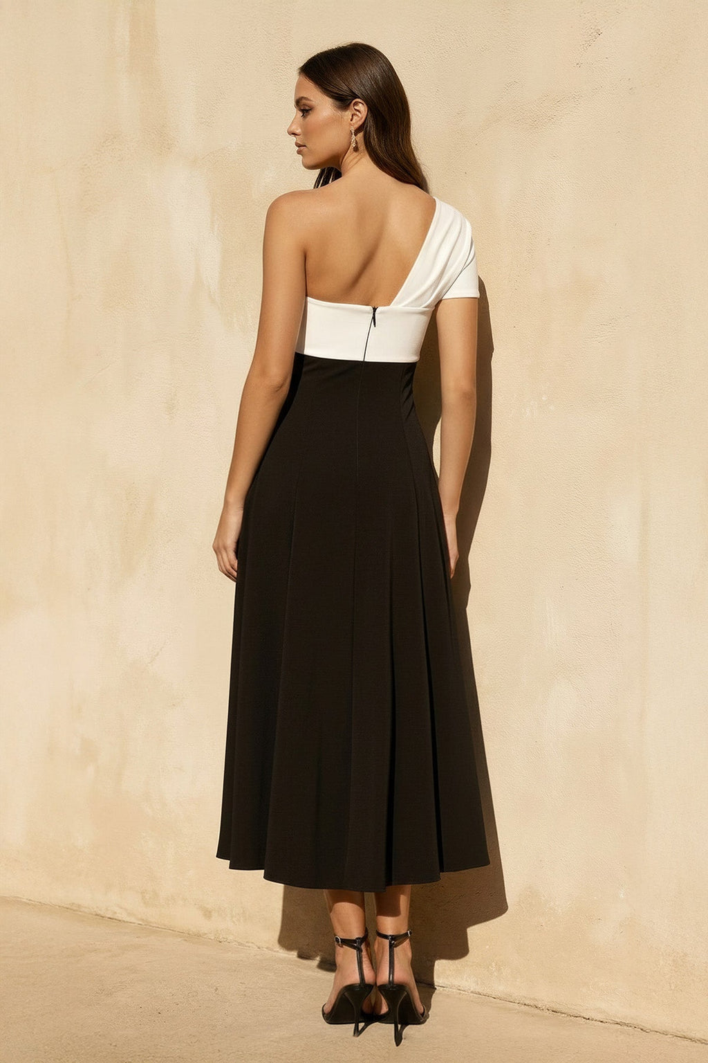 One Shoulder Twist Midi Dress in Black and White