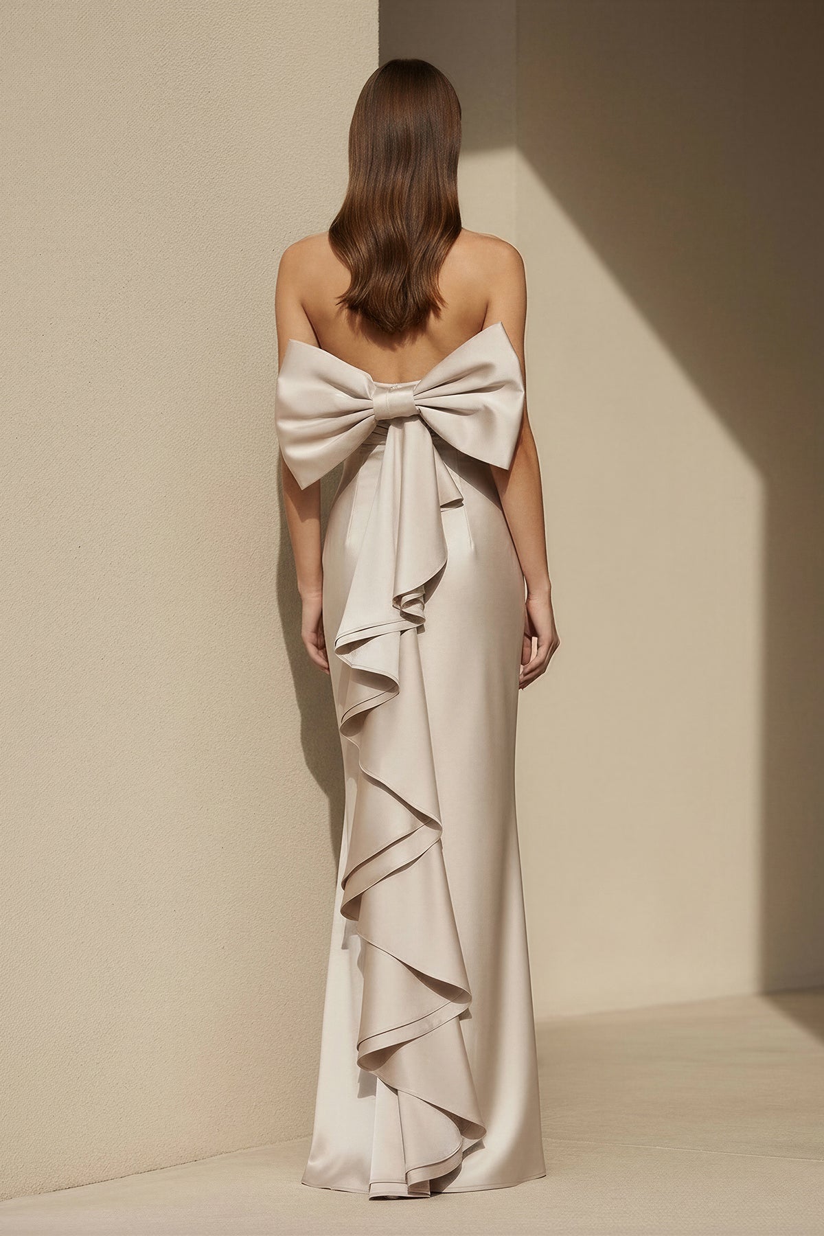 Pleated Satin Maxi Dress with Bowknot in Champagne