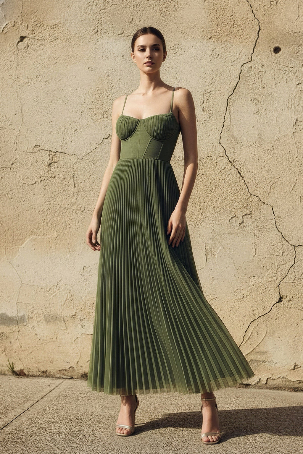 Pleated Spaghetti Straps Corset Maxi Dress in Olive