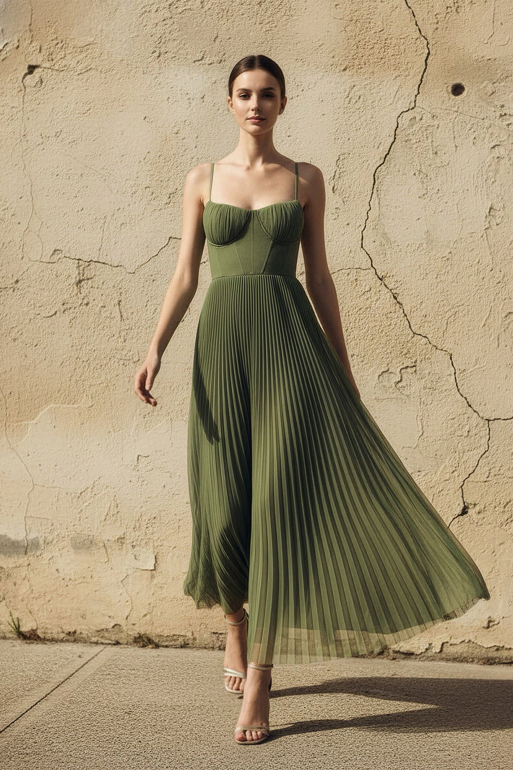 Pleated Spaghetti Straps Corset Maxi Dress in Olive