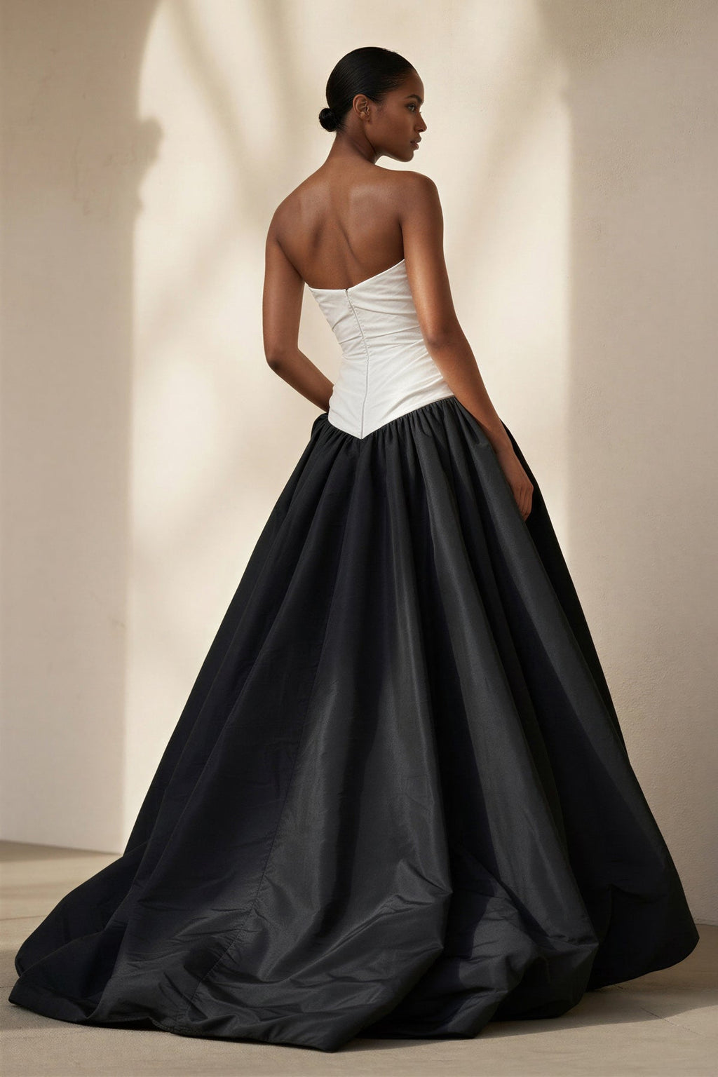 Pleated Strapless Gown With Slit in Black and Ivory
