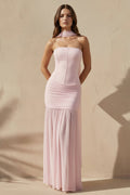 Pleated Strapless Maxi Dress with Scarf in Pink