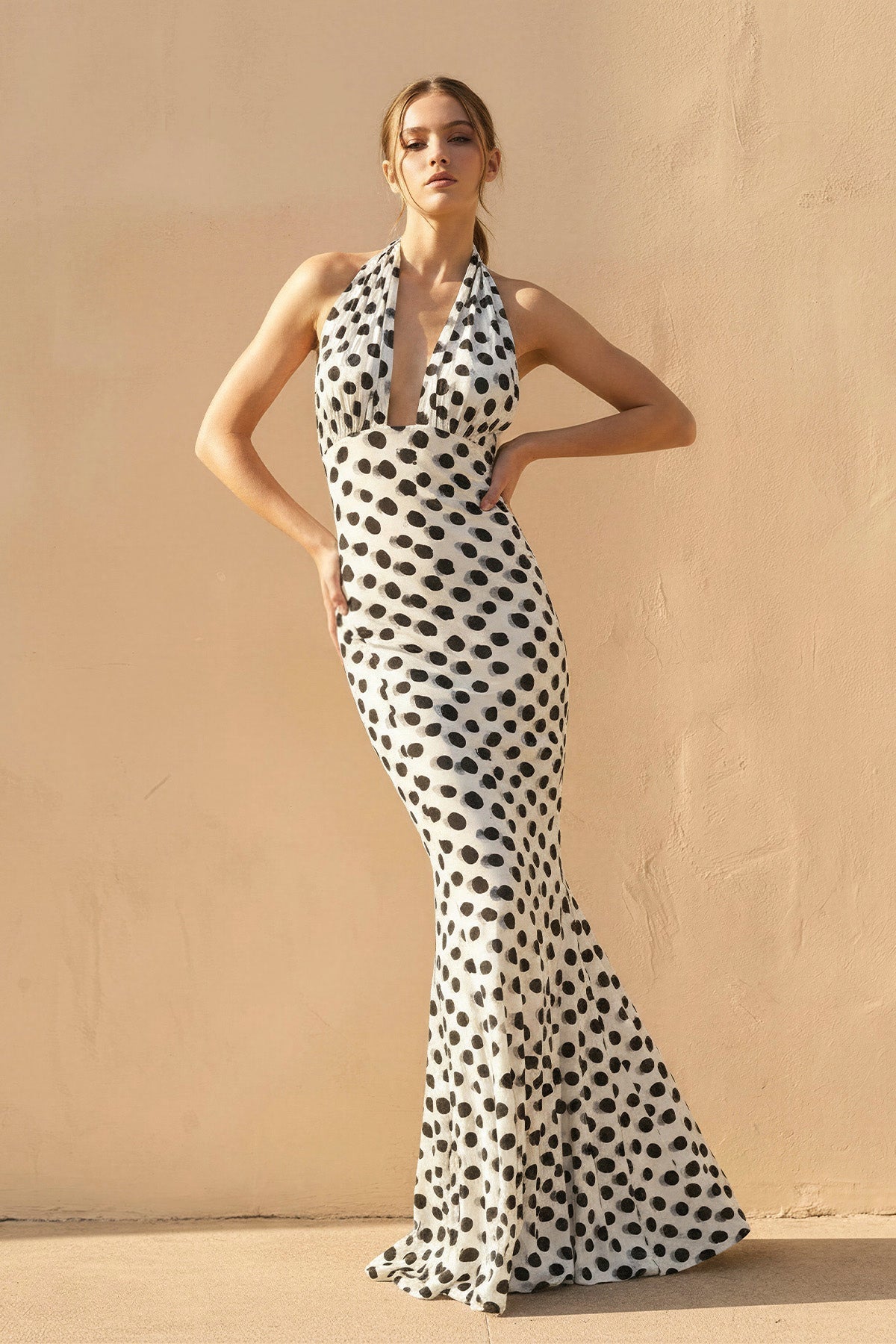 Polka Dot Backless Maxi Dress in White