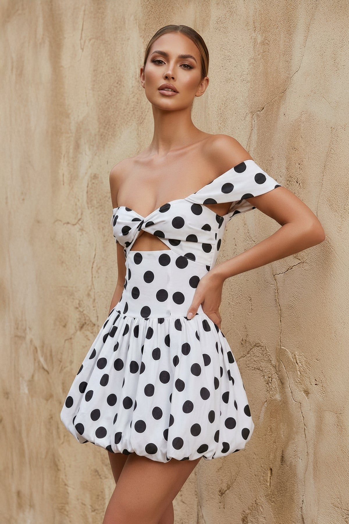 Polka Dot Off The Shoulder Bubble Mini Dress in White