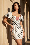 Polka Dot Off The Shoulder Mini Dress With Flower in White