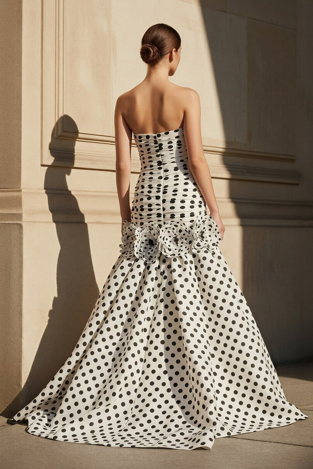 Polka Dot Ruched Mermaid Prom Gown in White