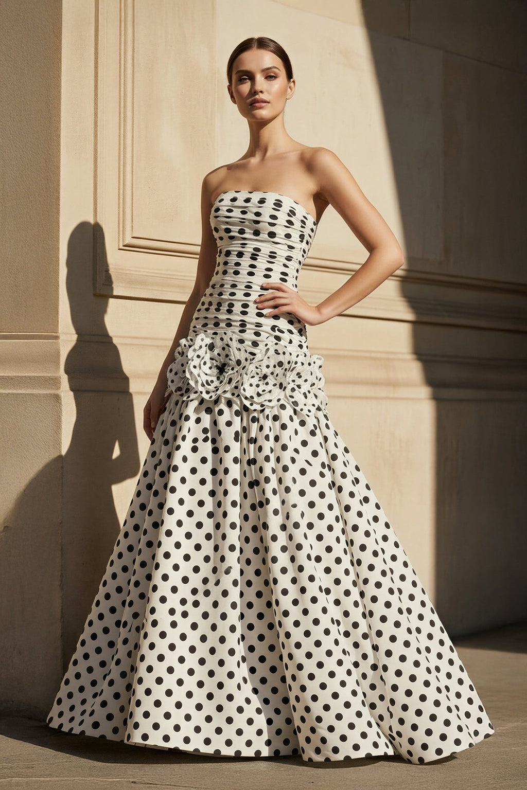 Polka Dot Ruched Mermaid Prom Gown in White