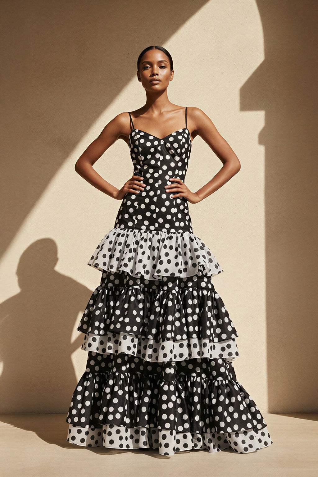 Polka Dot Ruffled Mermaid Gown in Black and White