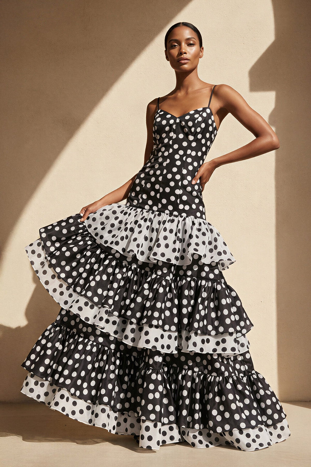 Polka Dot Ruffled Mermaid Gown in Black and White