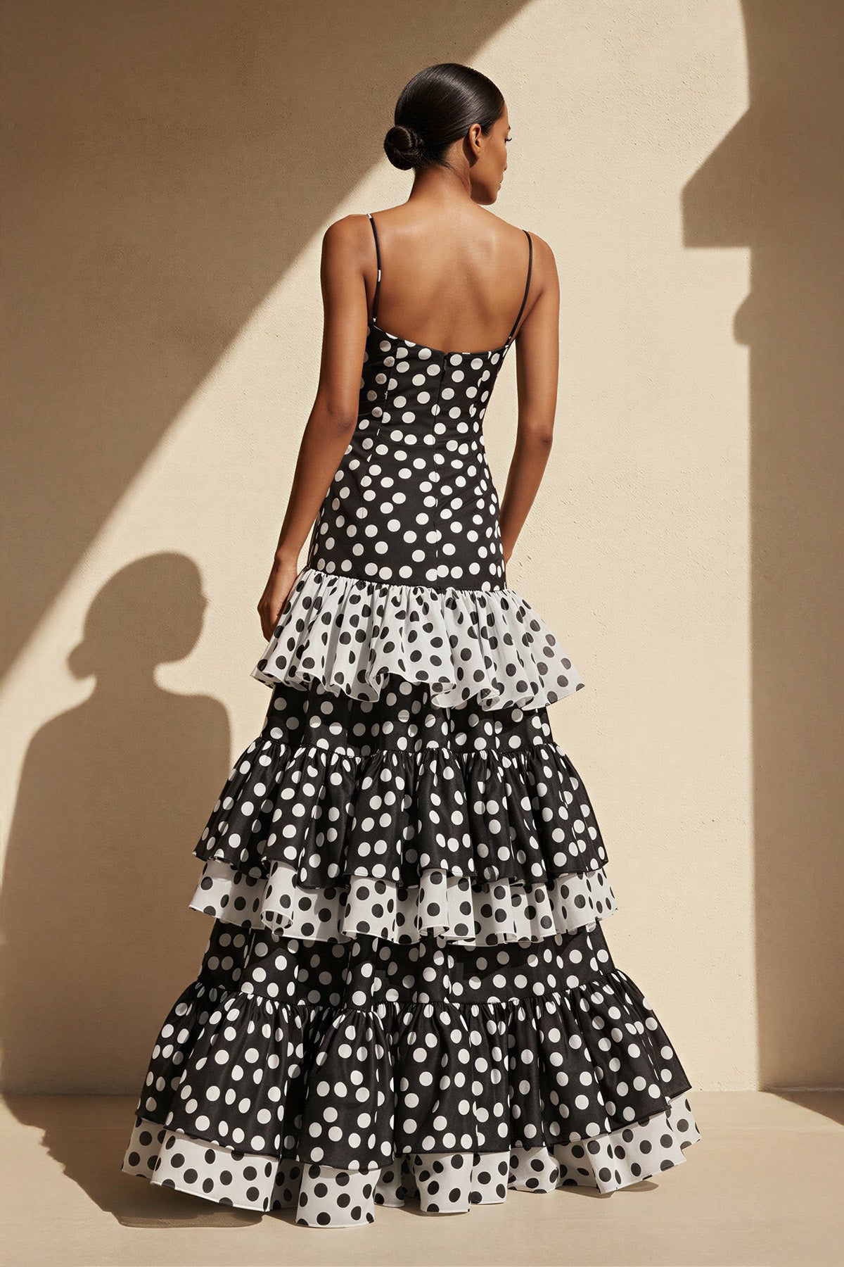Polka Dot Ruffled Mermaid Gown in Black and White
