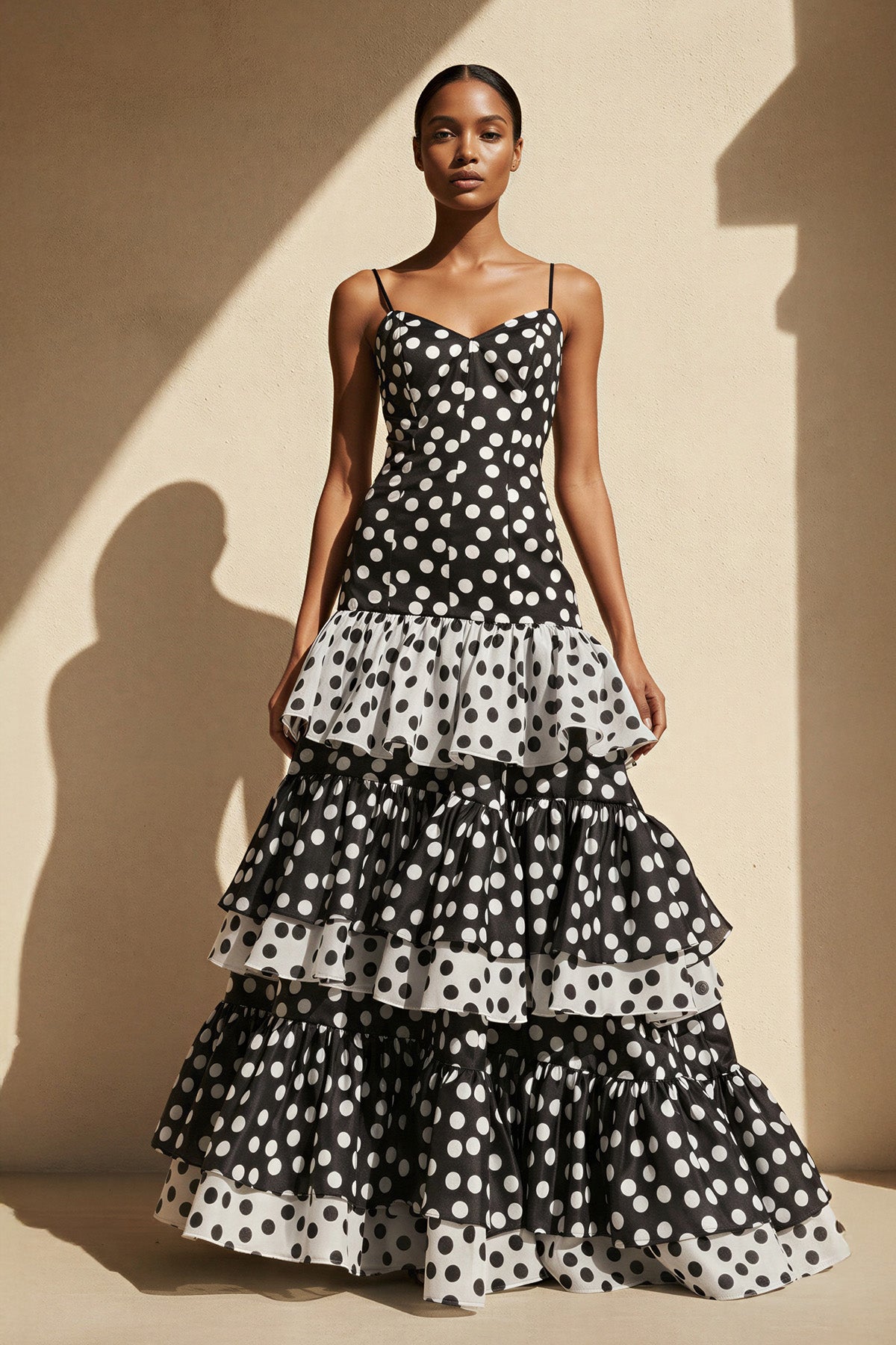 Polka Dot Ruffled Mermaid Gown in Black and White