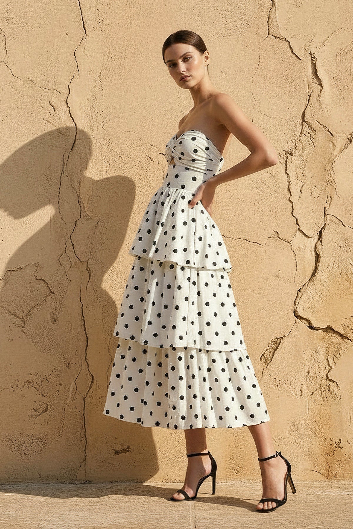 Polka Dot Ruffled Midi Dress in Ivory