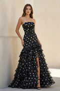 Polka Dot Ruffled Prom Dress With Bow in Black