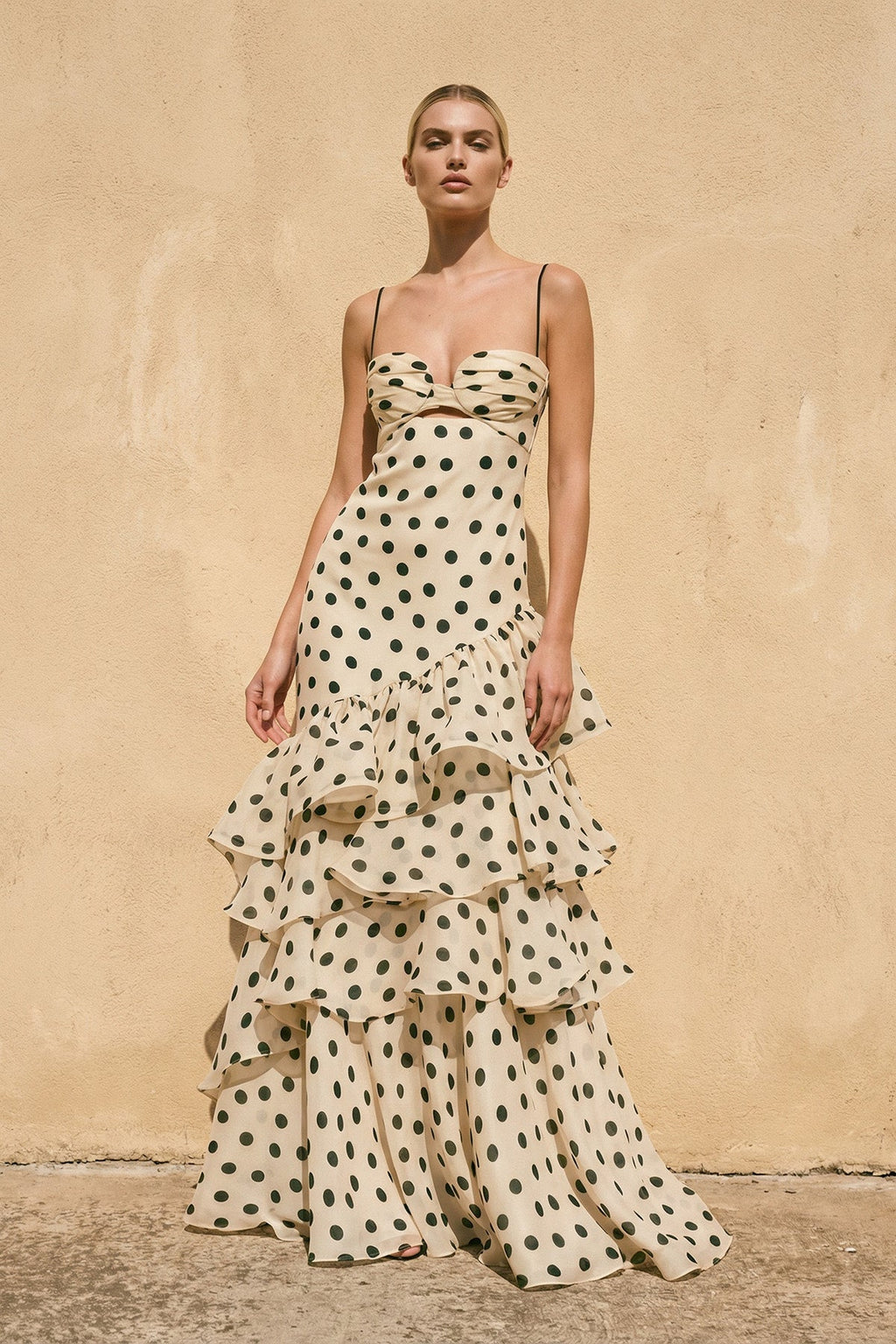 Polka Dot Ruffled Spaghetti Straps Prom Gown in Champagne