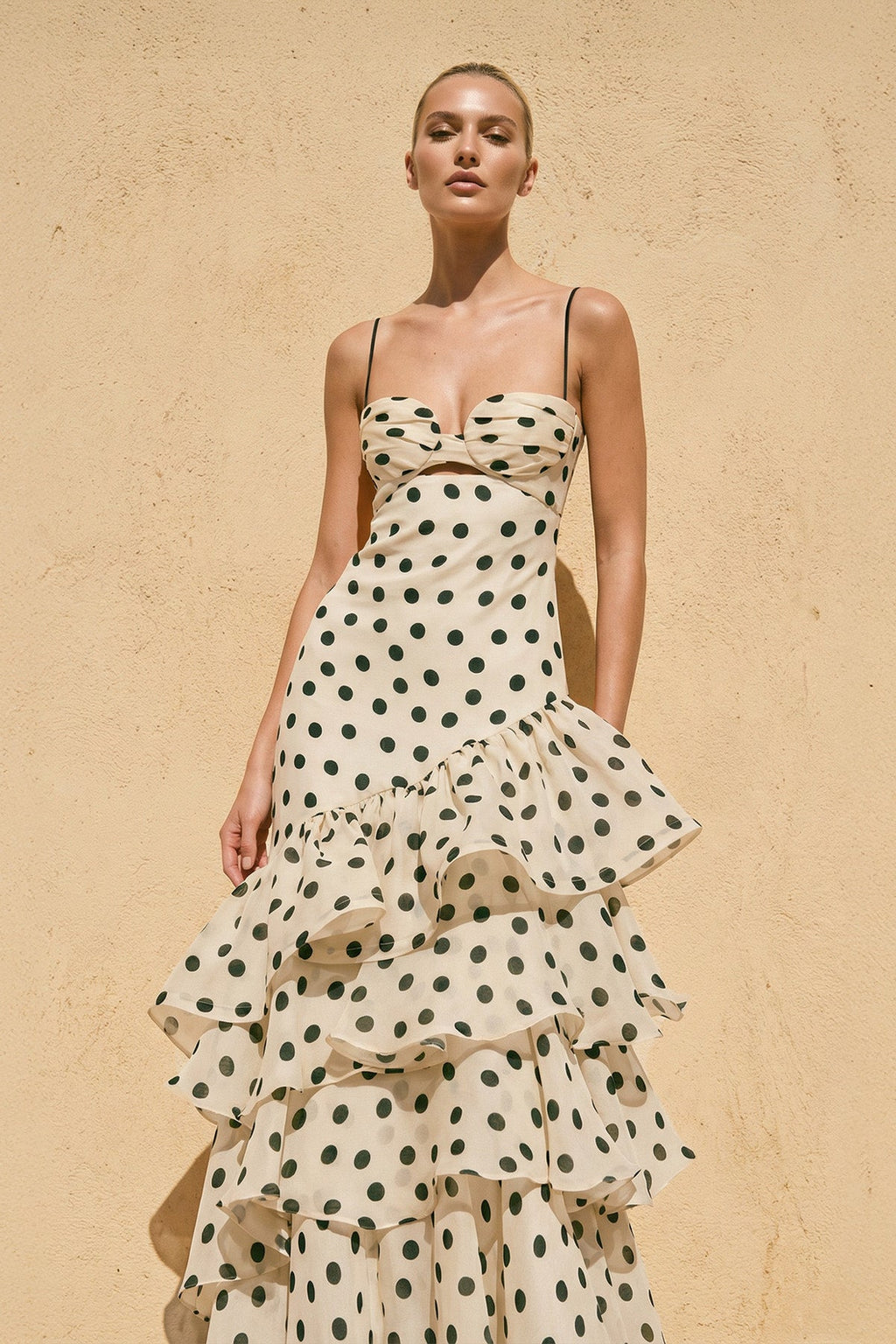 Polka Dot Ruffled Spaghetti Straps Prom Gown in Champagne