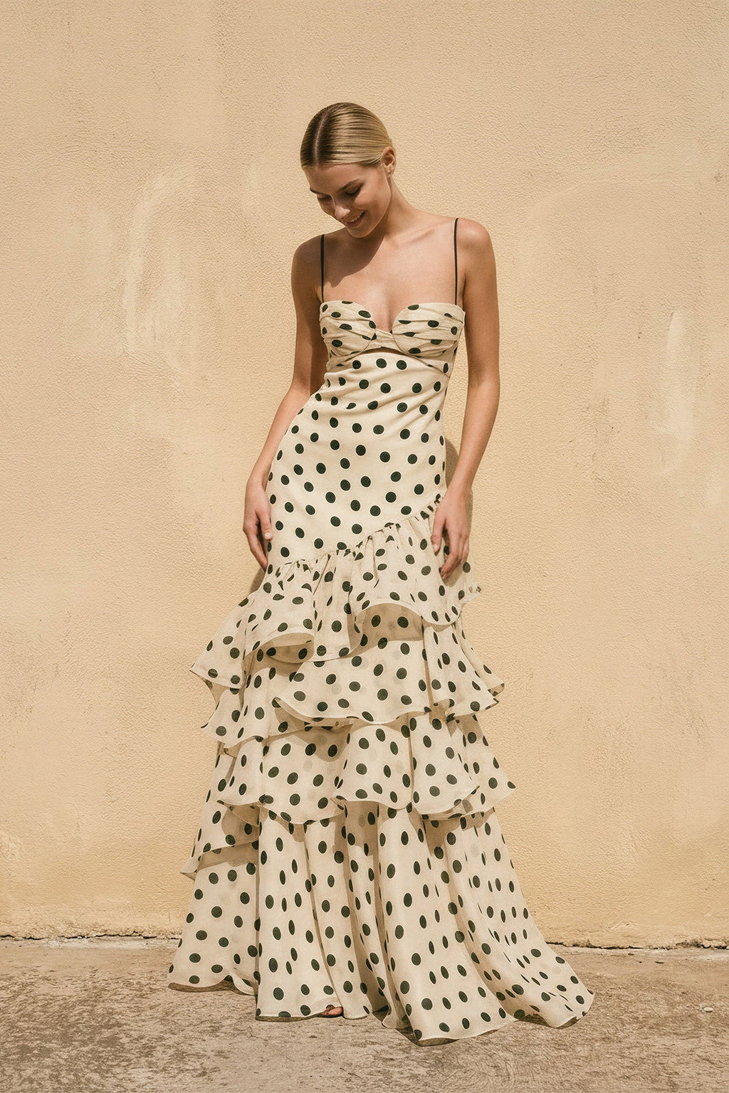 Polka Dot Ruffled Spaghetti Straps Prom Gown in Champagne