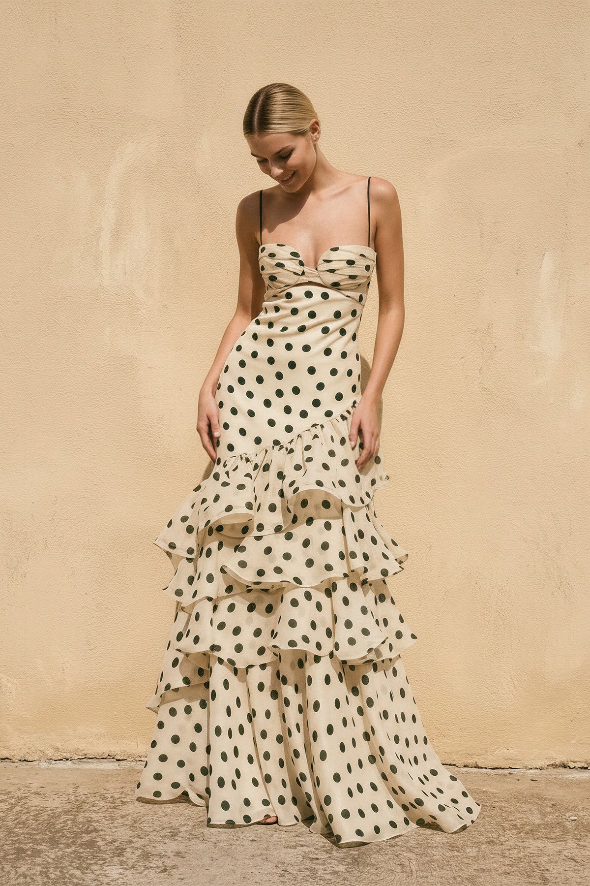 Polka Dot Ruffled Spaghetti Straps Prom Gown in Champagne
