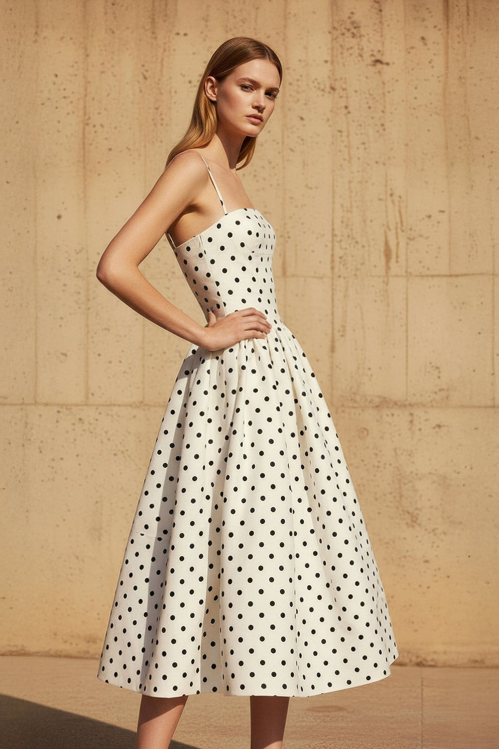 Polka Dot Spaghetti Straps Midi Dress in Ivory