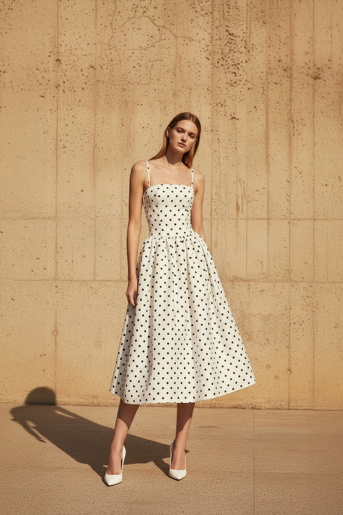 Polka Dot Spaghetti Straps Midi Dress in Ivory