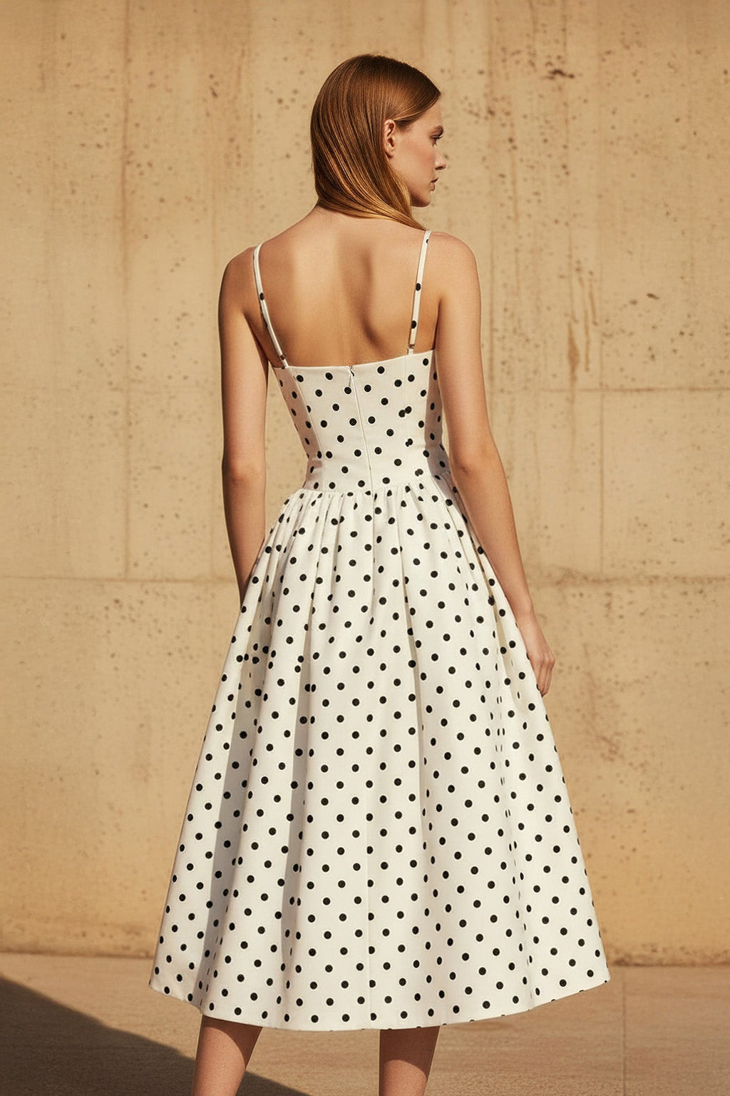 Polka Dot Spaghetti Straps Midi Dress in Ivory