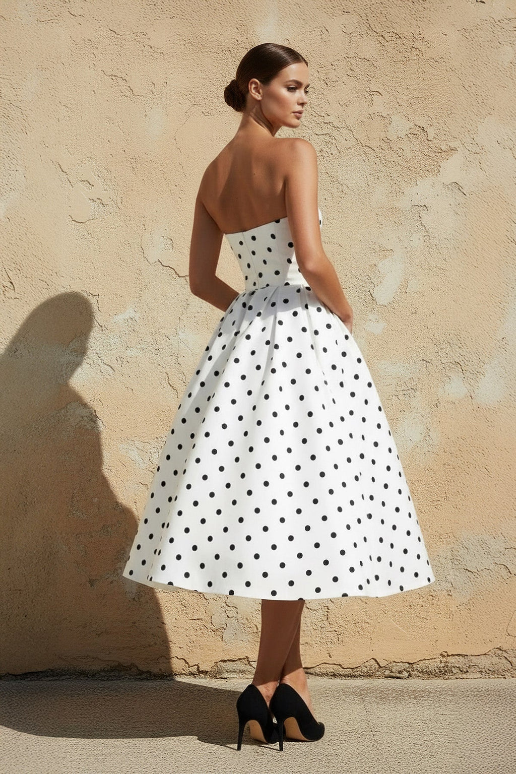 Polka Dot Strapless Midi Dress in White