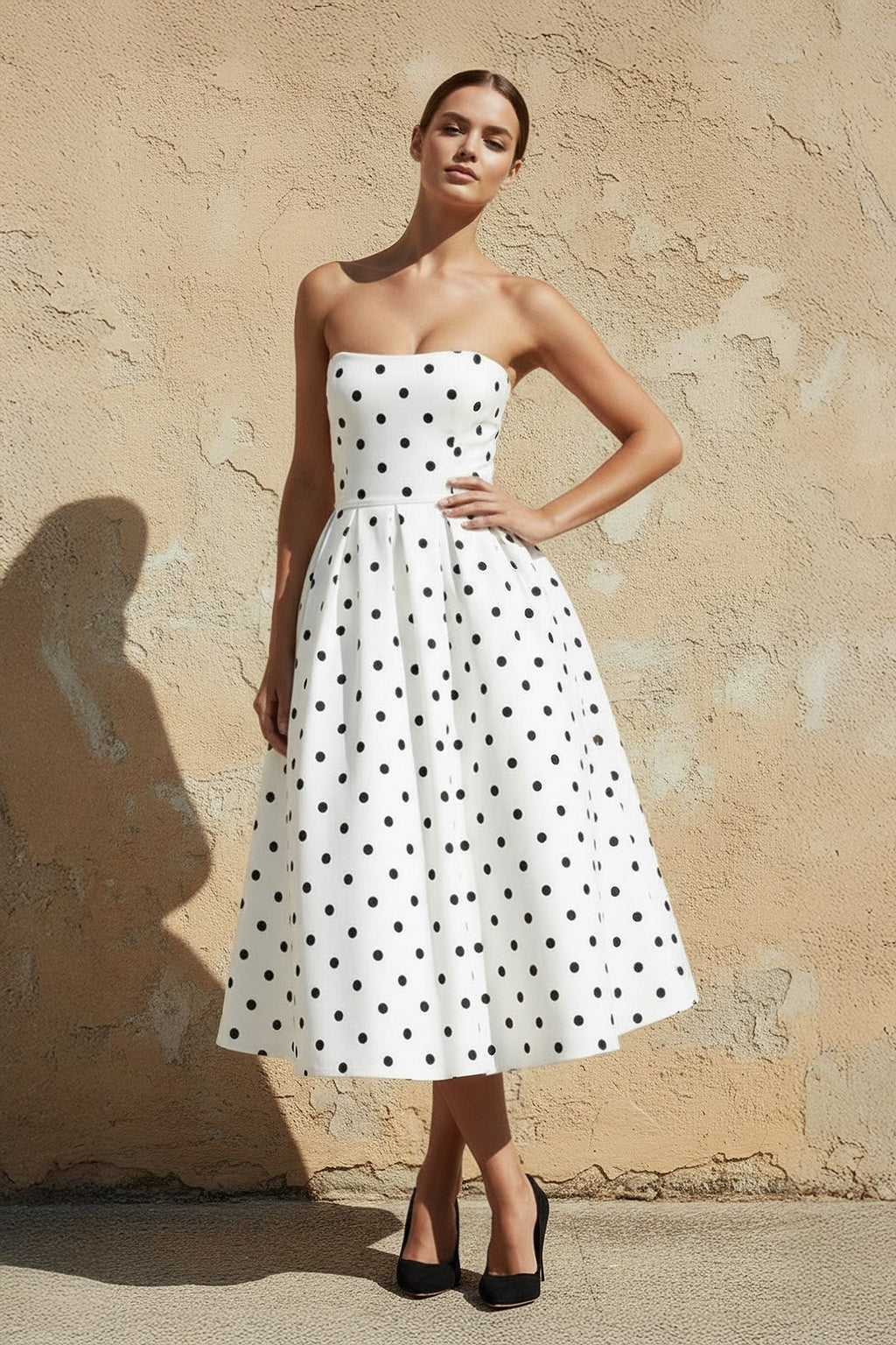 Polka Dot Strapless Midi Dress in White