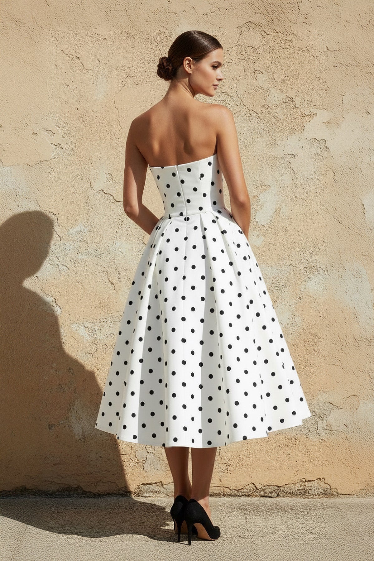 Polka Dot Strapless Midi Dress in White