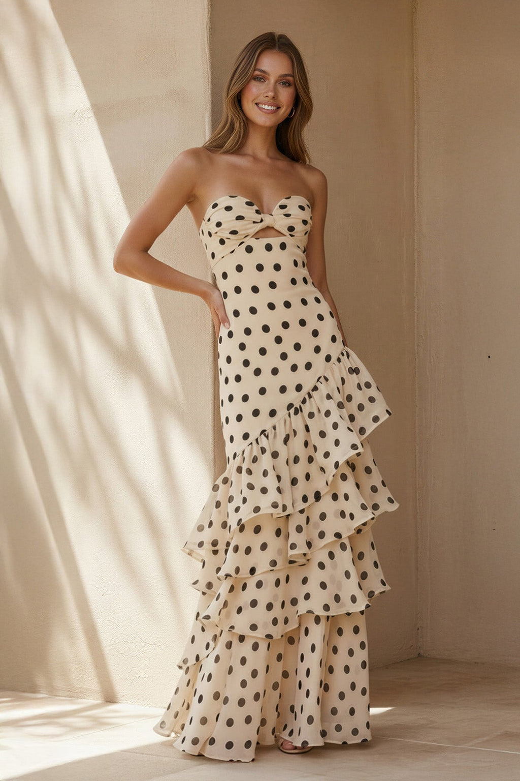 Polka Dot Strapless Ruffled Gown in Ivory