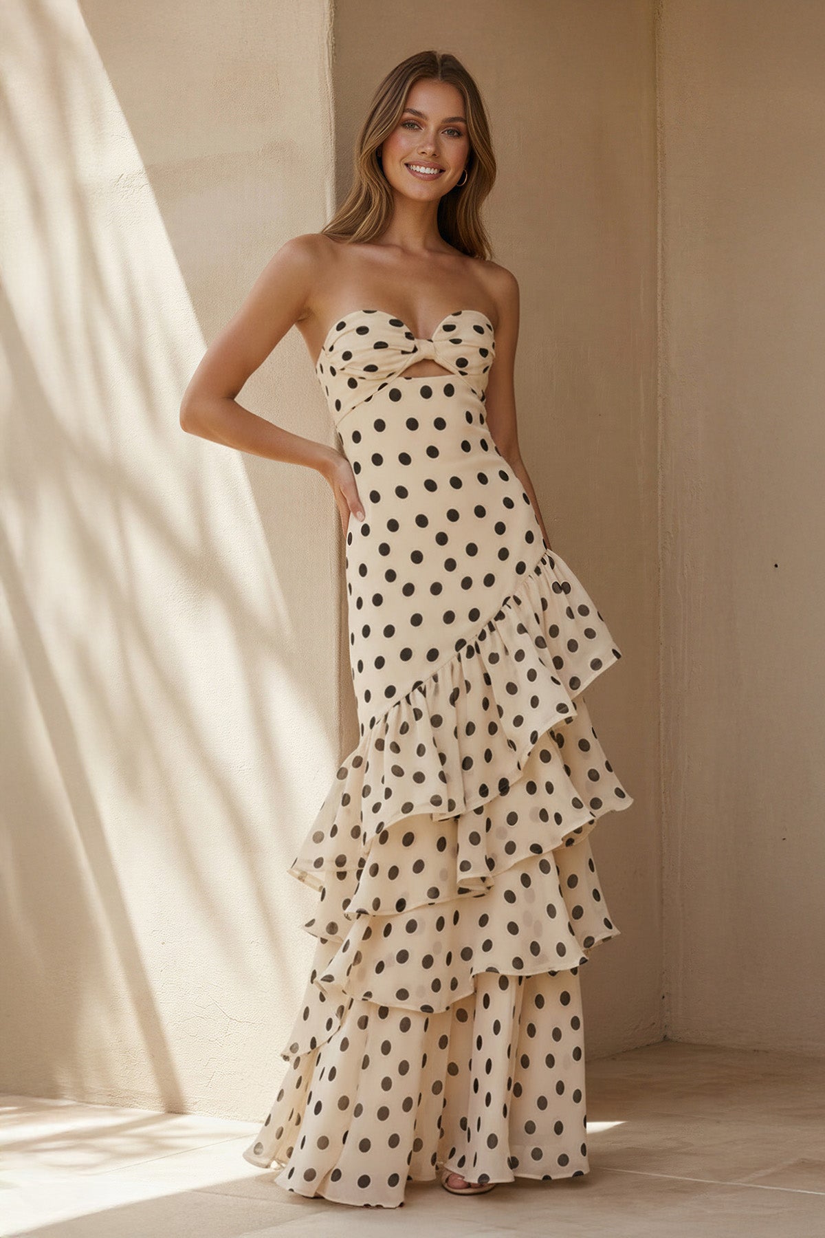 Polka Dot Strapless Ruffled Gown in Ivory