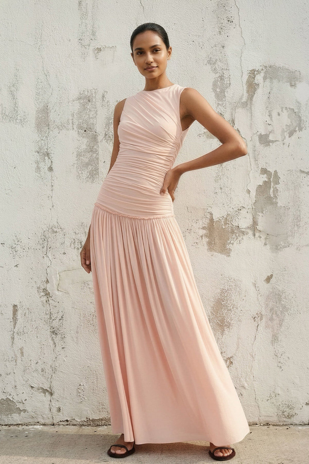 Ruched Backless Maxi Dress in Blush Pink