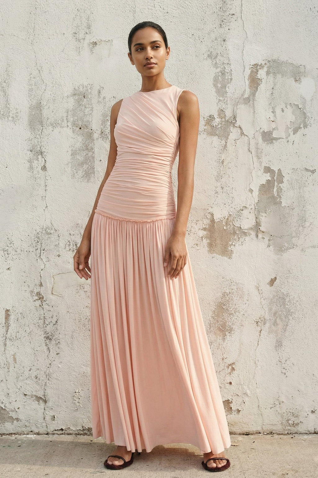 Ruched Backless Maxi Dress in Blush Pink